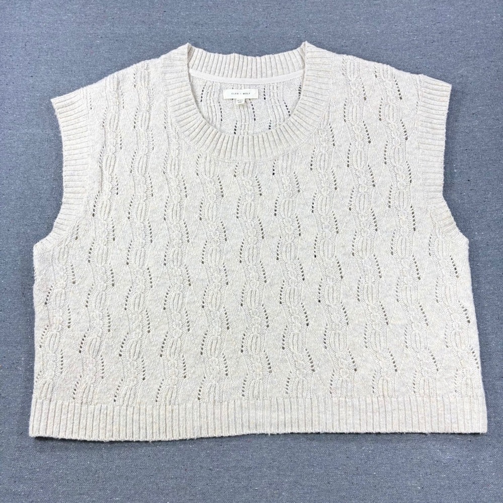 Cleo + Wolf Sweater Vest XXL Cream Cable Knit Pointelle Sleeveless Crewneck